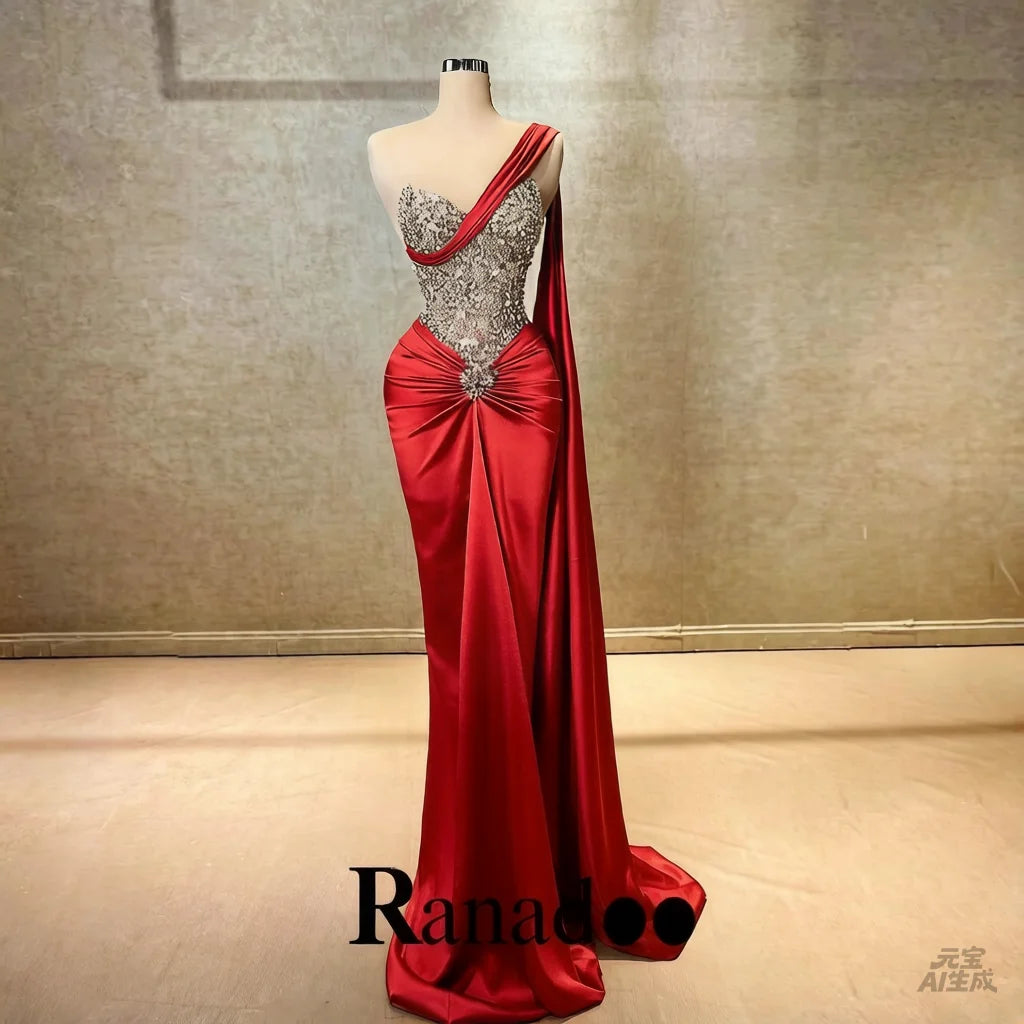 Ranadoo Charming One Shoulder Prom Dresses for Women Birthday Party Rhibestones Mermaid Ruched Vestido De Formatura Customized