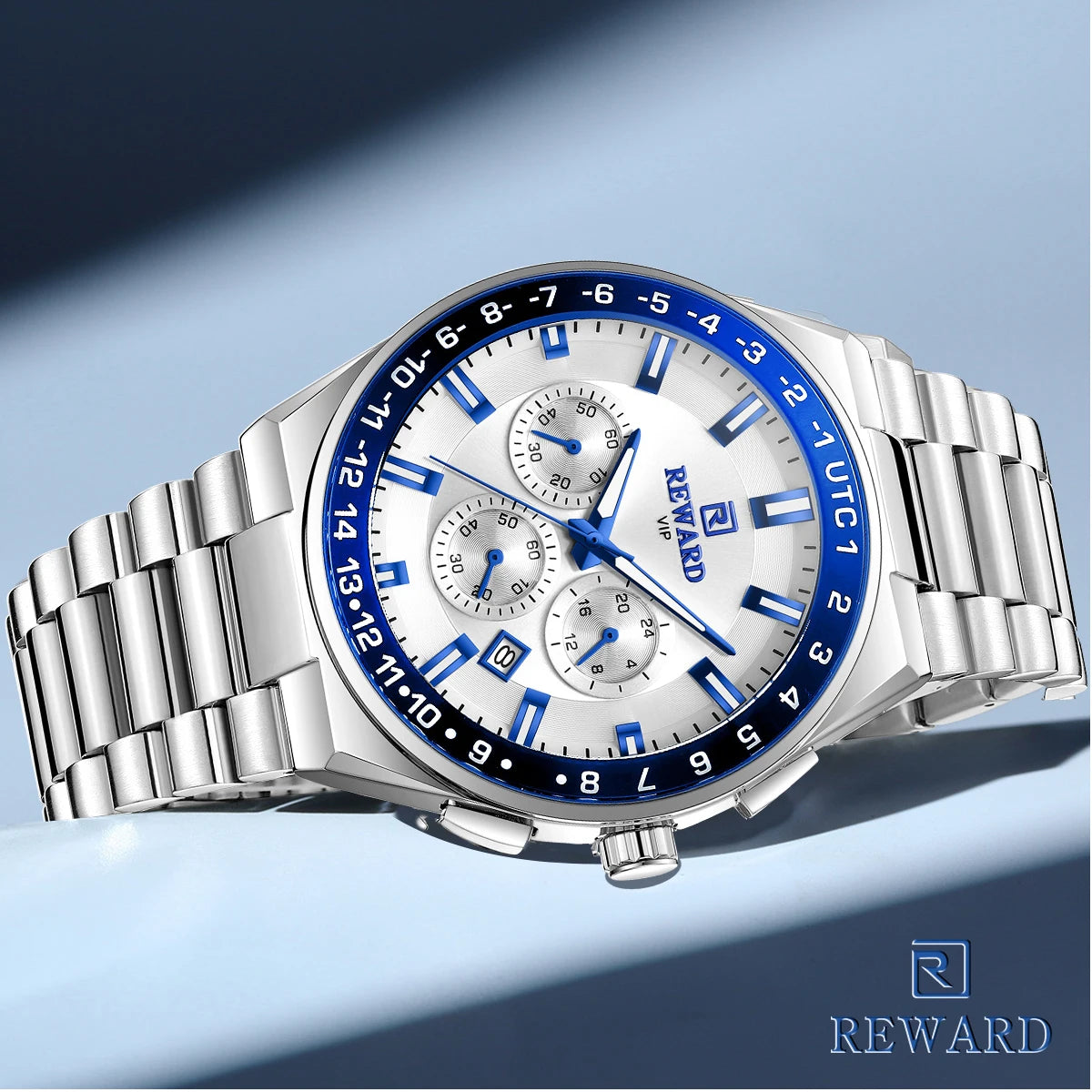 2026 REWARD Silvery White Quartz Watches for Men Luminous Hands Business Watches Stainlesss Steel Strap with Box