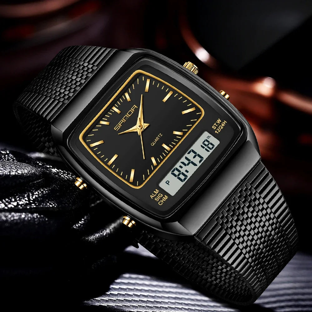 SANDA Watches Men Waterproof Analog Digital Quartz Wristwatches Male Stainless Stopwatch Alarm Clock Man Watch