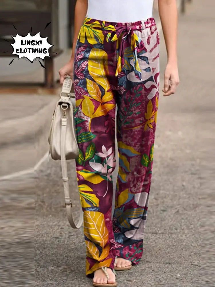 2023 New Summer Fashion Casual Simple Comfortable Elastic Waist Cotton Hemp Large Size Printed High Waist Wide Leg Pants