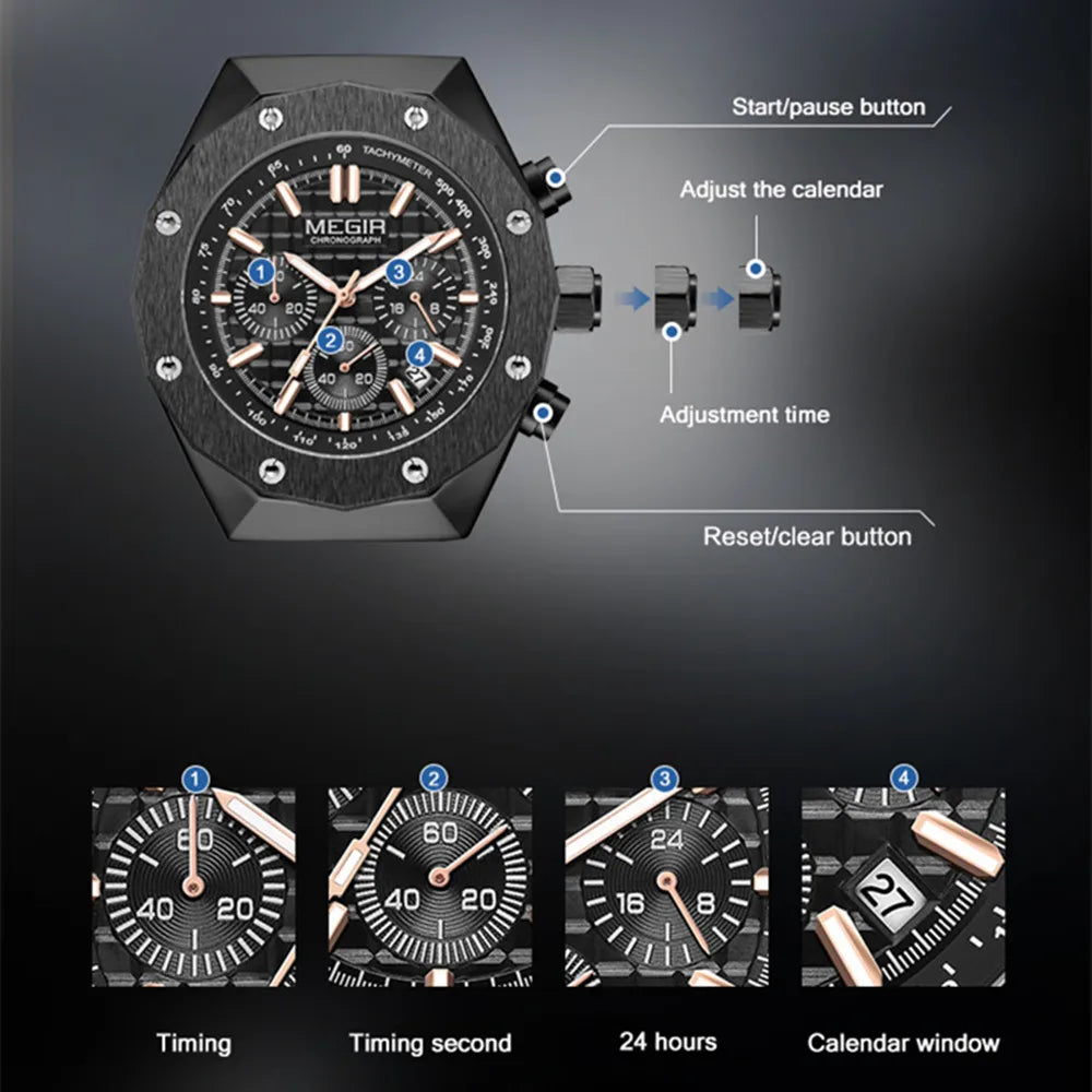 MEGIR Chronograph Luxury Men Sports Quartz Wristwatch with Calendar Luminous Waterproof Man Business Casual Watches Reloj Hombre