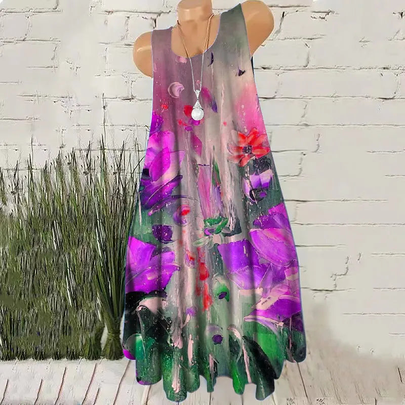 Hand-Painted 3D Print Women Fashion Mini Dresses Sleeveless Summer Loose Casual Short Dress Oversized Round-Neck Female Dress