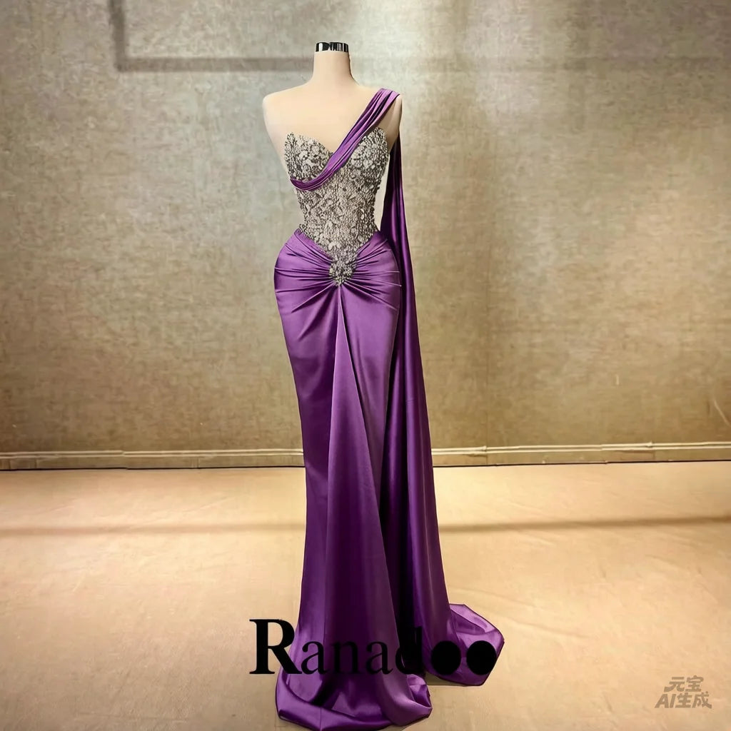 Ranadoo Charming One Shoulder Prom Dresses for Women Birthday Party Rhibestones Mermaid Ruched Vestido De Formatura Customized