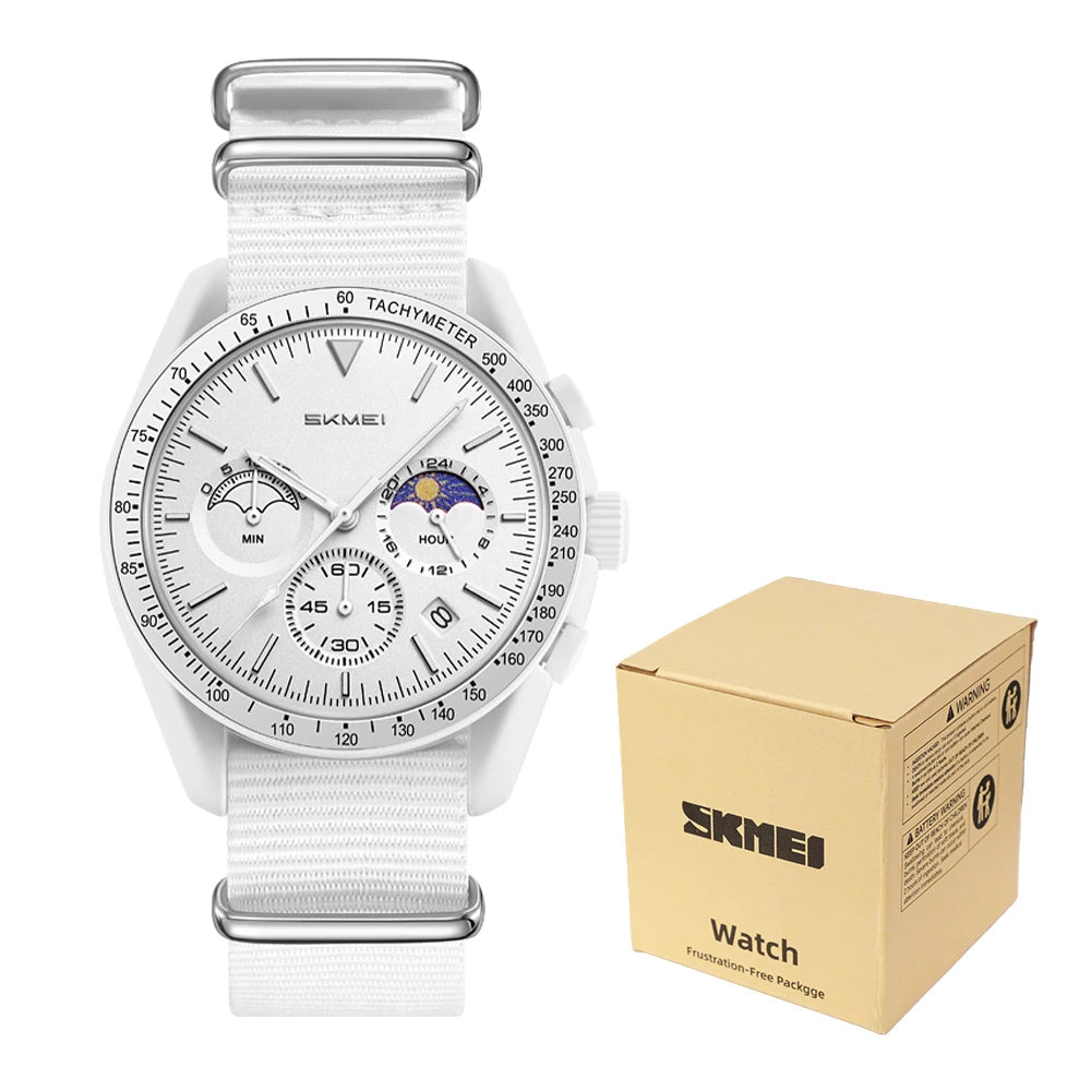 SKMEI 9392 Men’s Fashion Quartz Wristwatch 30M Waterproof Chronograph Timer Moon Sun Pattern Adjusted Design Countdown Timer
