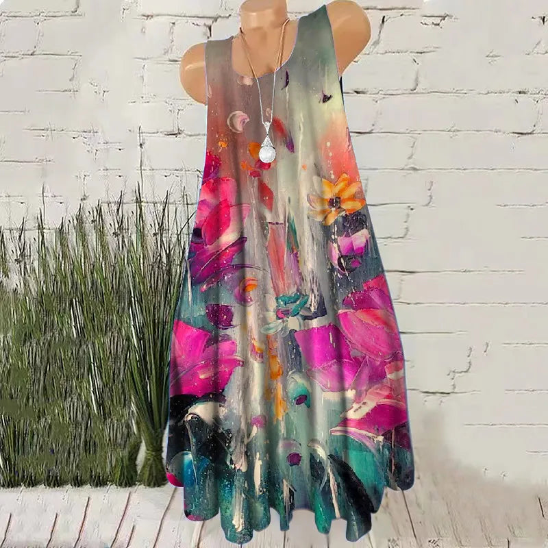 Hand-Painted 3D Print Women Fashion Mini Dresses Sleeveless Summer Loose Casual Short Dress Oversized Round-Neck Female Dress