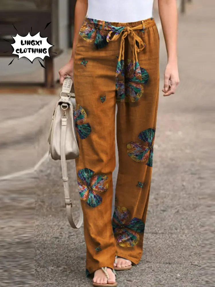 2023 New Summer Fashion Casual Simple Comfortable Elastic Waist Cotton Hemp Large Size Printed High Waist Wide Leg Pants