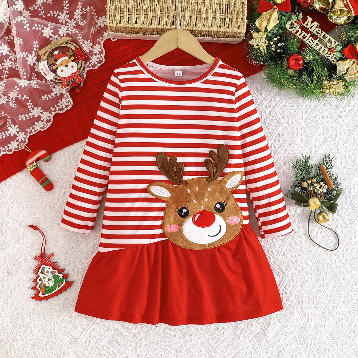 4-7Y Kids Christmas Dresses For Girls Bow Green Xmas Tree Hoodies Dress For New Year Kids Girl Evening Dress Festival Clothing