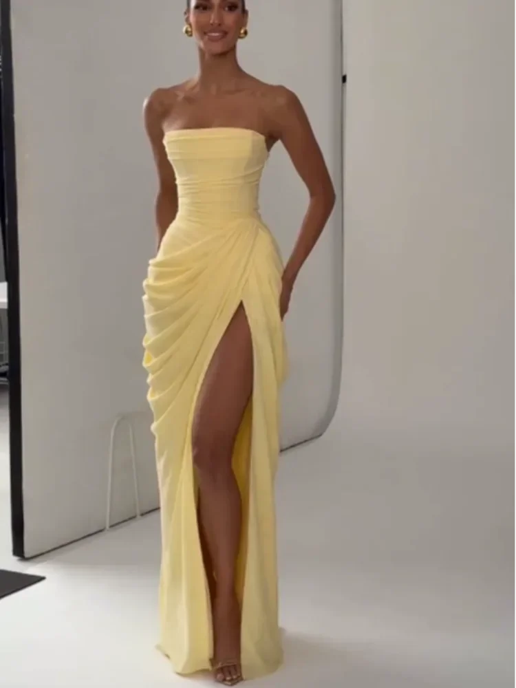 Women Yellow Elegant Strapless Pleated Dress Sexy Sleeveless Waist Cinching Split Maxi Gowns 2026 Lady New Evening Party Dresses