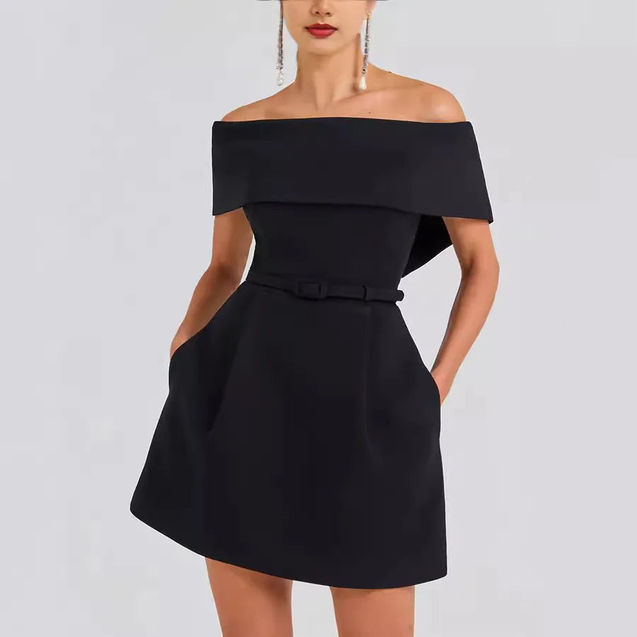 Elegant Off Shoulder Mini Dress Women Slash Neck Sleeveless Backless A-line Evening Dresses Female 2024 Autumn Lady Vestidos