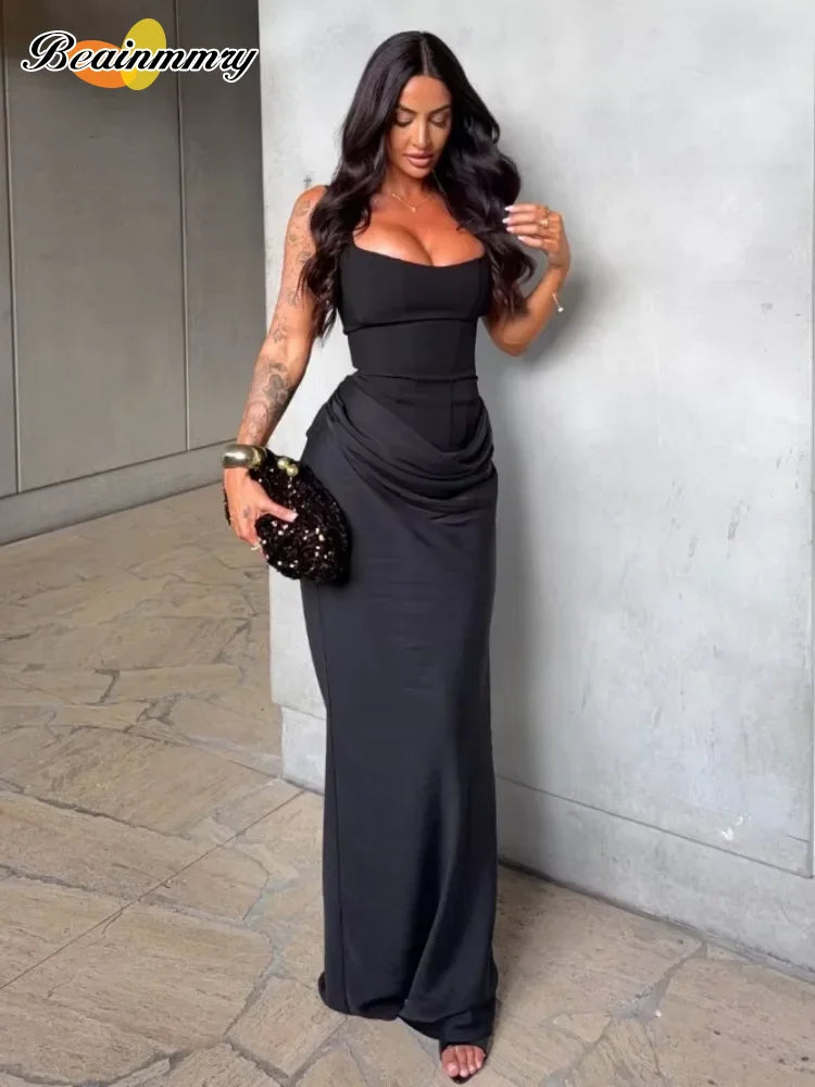 Brown Sexy Pleated Mini Dress Women Fashion Square-neck Sleeveless Bodycon Backless High Waist Dresses New Lady Party Club Robe