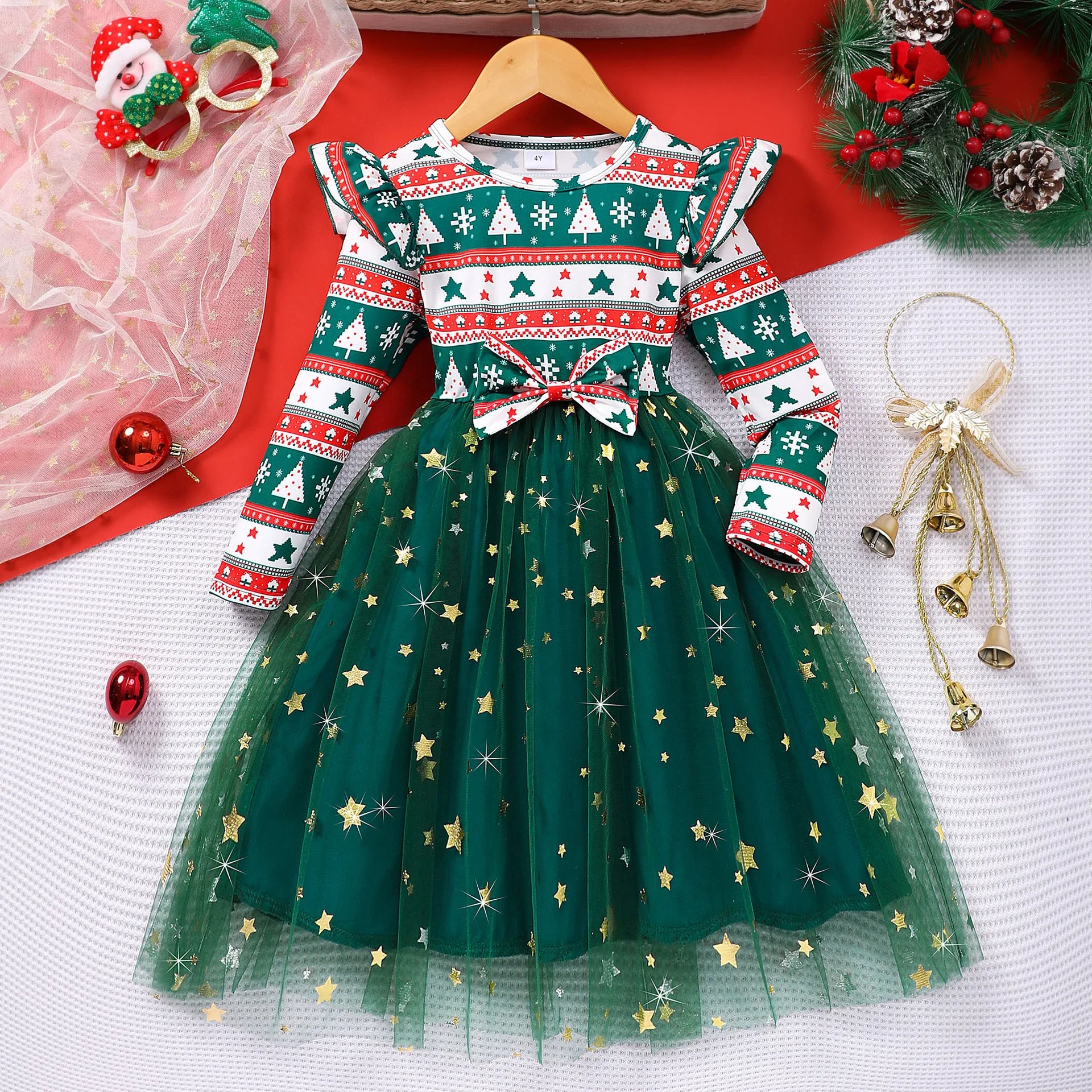 4-7Y Kids Christmas Dresses For Girls Bow Green Xmas Tree Hoodies Dress For New Year Kids Girl Evening Dress Festival Clothing