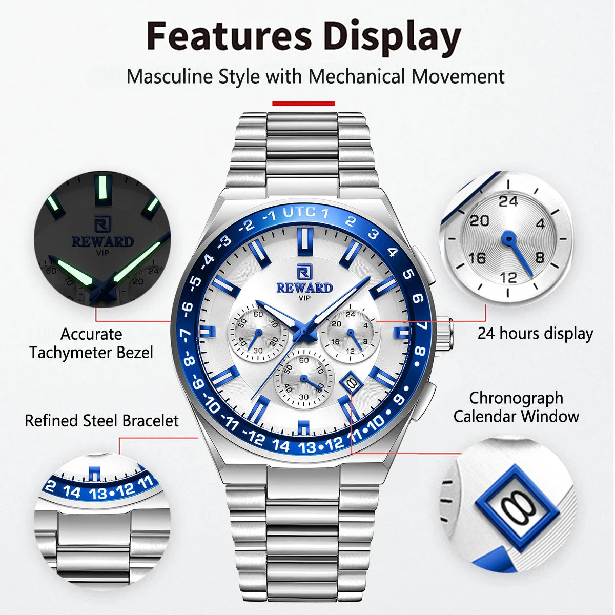 2026 REWARD Silvery White Quartz Watches for Men Luminous Hands Business Watches Stainlesss Steel Strap with Box
