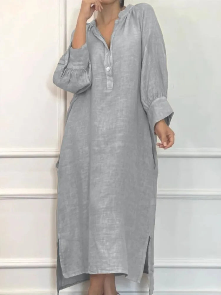 Fashion Cotton Linen Long-sleeved Loose Women's Dresses New Autumn Collection Casual Simple Pocket Elegant Female Slit Dress2025