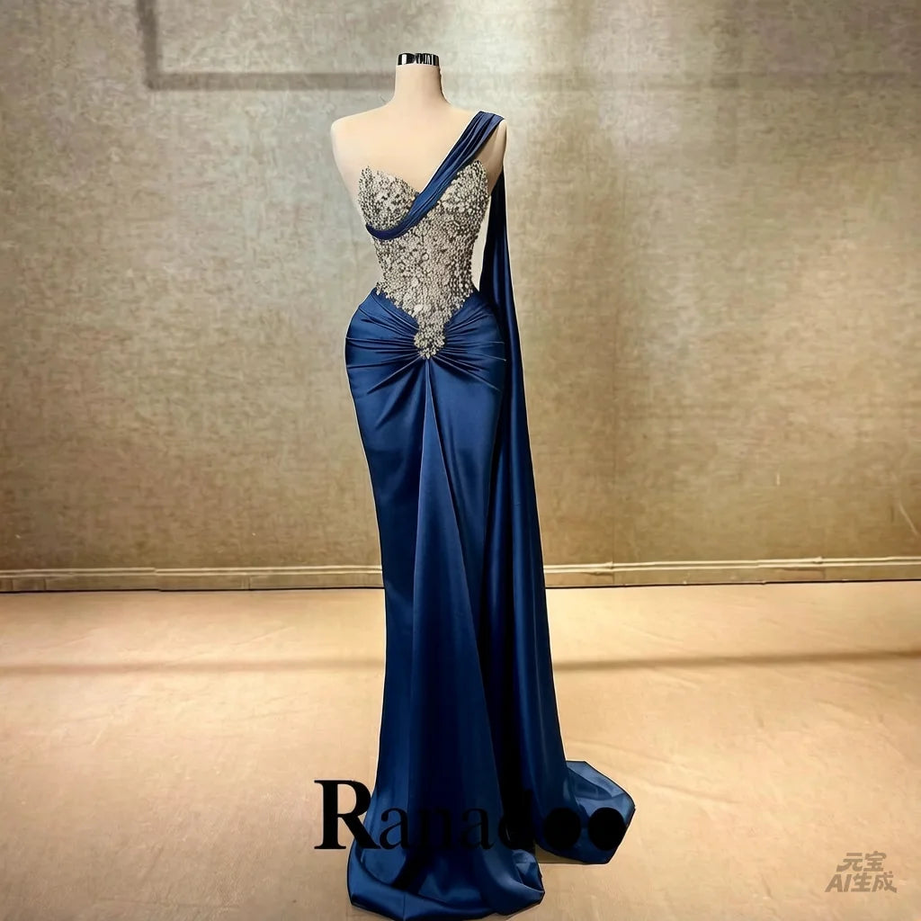 Ranadoo Charming One Shoulder Prom Dresses for Women Birthday Party Rhibestones Mermaid Ruched Vestido De Formatura Customized