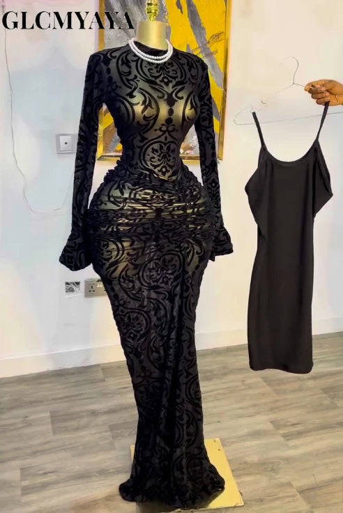 CM.YAYA 2025 Fall Women Long Sleeve Stacked Mesh See Though with Lining Bodycon Long Dress Evening Birthday Sexy Party Dresses