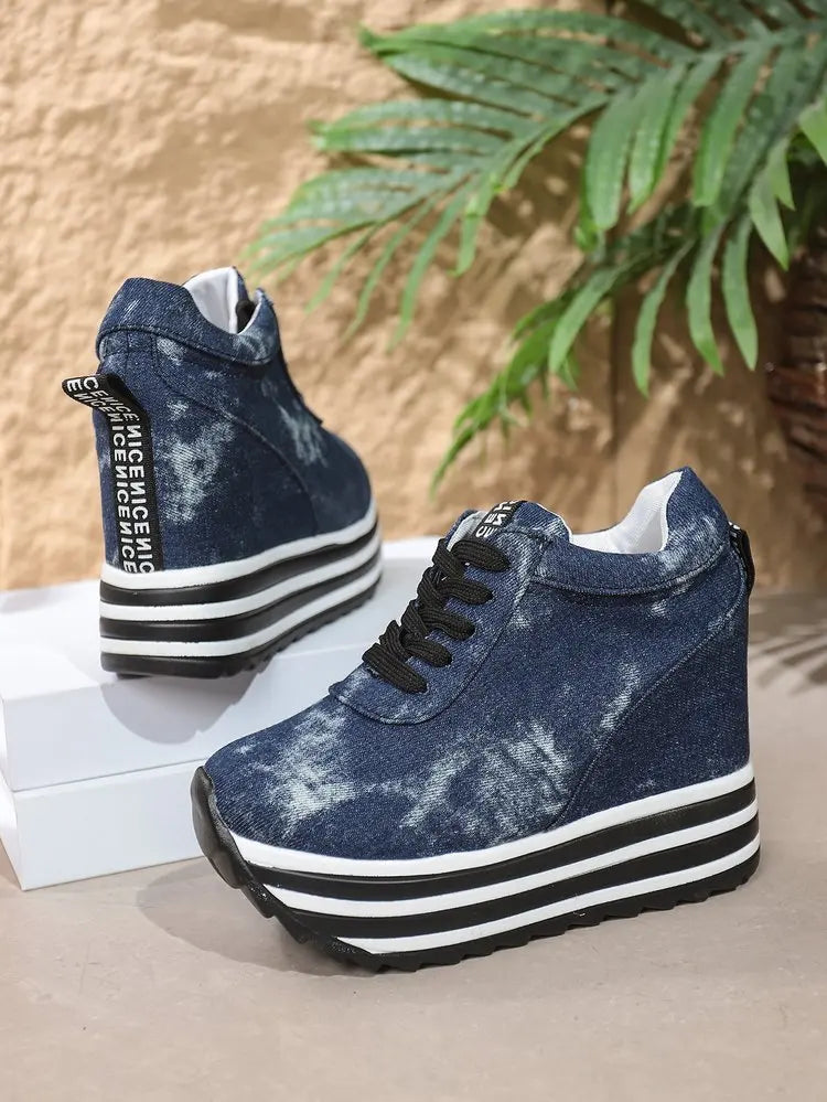 Women Sneakers Fashion Women 10CM Height Increasing Breathable Lace-Up Wedges Sneakers Platform Shoes Canvas Woman Casual Shoes