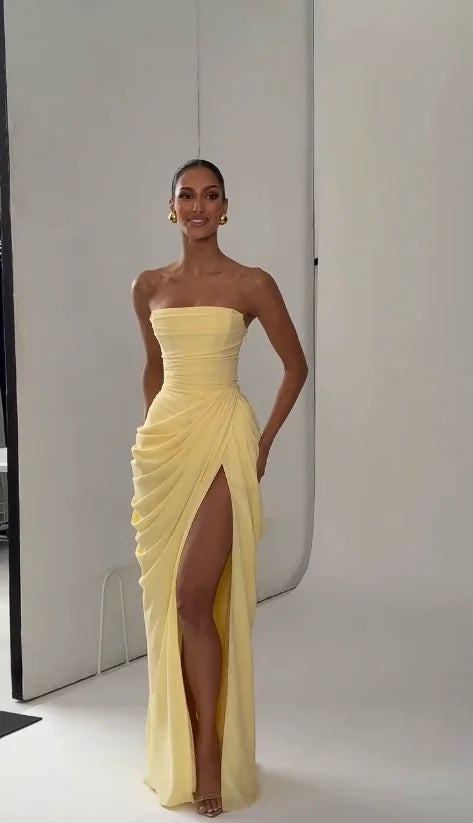 Women Yellow Elegant Strapless Pleated Dress Sexy Sleeveless Waist Cinching Split Maxi Gowns 2026 Lady New Evening Party Dresses