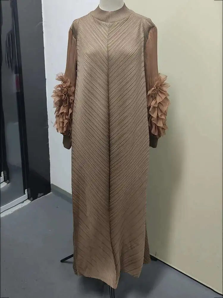 LANMREM Maxi Pleated Dress Round Neck Spliced Fungus Full Sleeve Dresses For Women 2025 New Spring Clothing 2Qa1331
