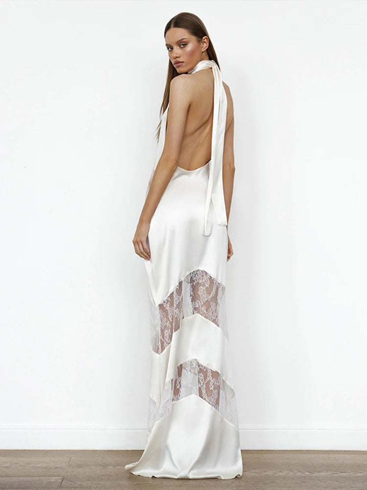 Sexy Backless Party Dress Women Patchwork Lace Sleeveless Halter Maxi Female Dresses 2025 V-neck Slim Hip Package Lady Robes