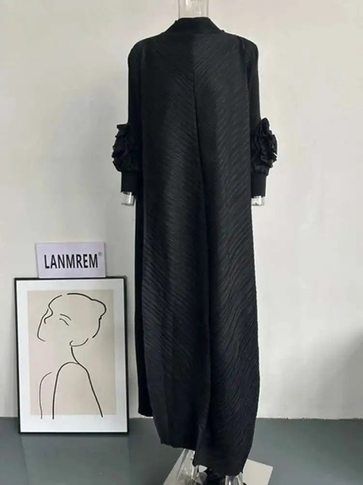 LANMREM Maxi Pleated Dress Round Neck Spliced Fungus Full Sleeve Dresses For Women 2025 New Spring Clothing 2Qa1331