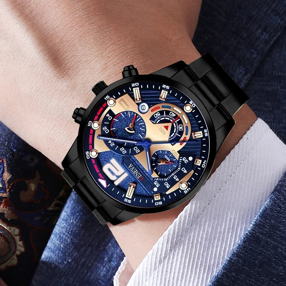 3PCS Watch set, men's high-end glass quartz watch, steel strap, men's watch
