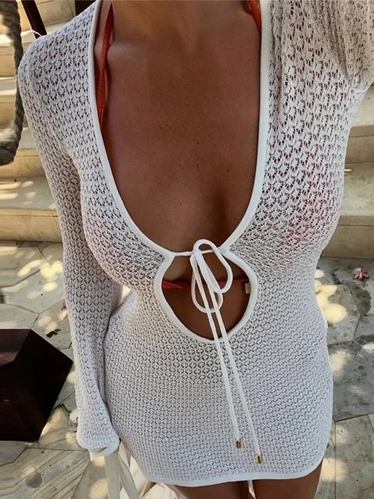 Holiday Hollow Out Mini Dress Women Knit Lace up Long Flare Sleeve Beach Dresses 2026 Fashion Lady Vacation Solid Vestidos