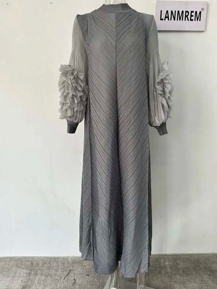 LANMREM Maxi Pleated Dress Round Neck Spliced Fungus Full Sleeve Dresses For Women 2025 New Spring Clothing 2Qa1331