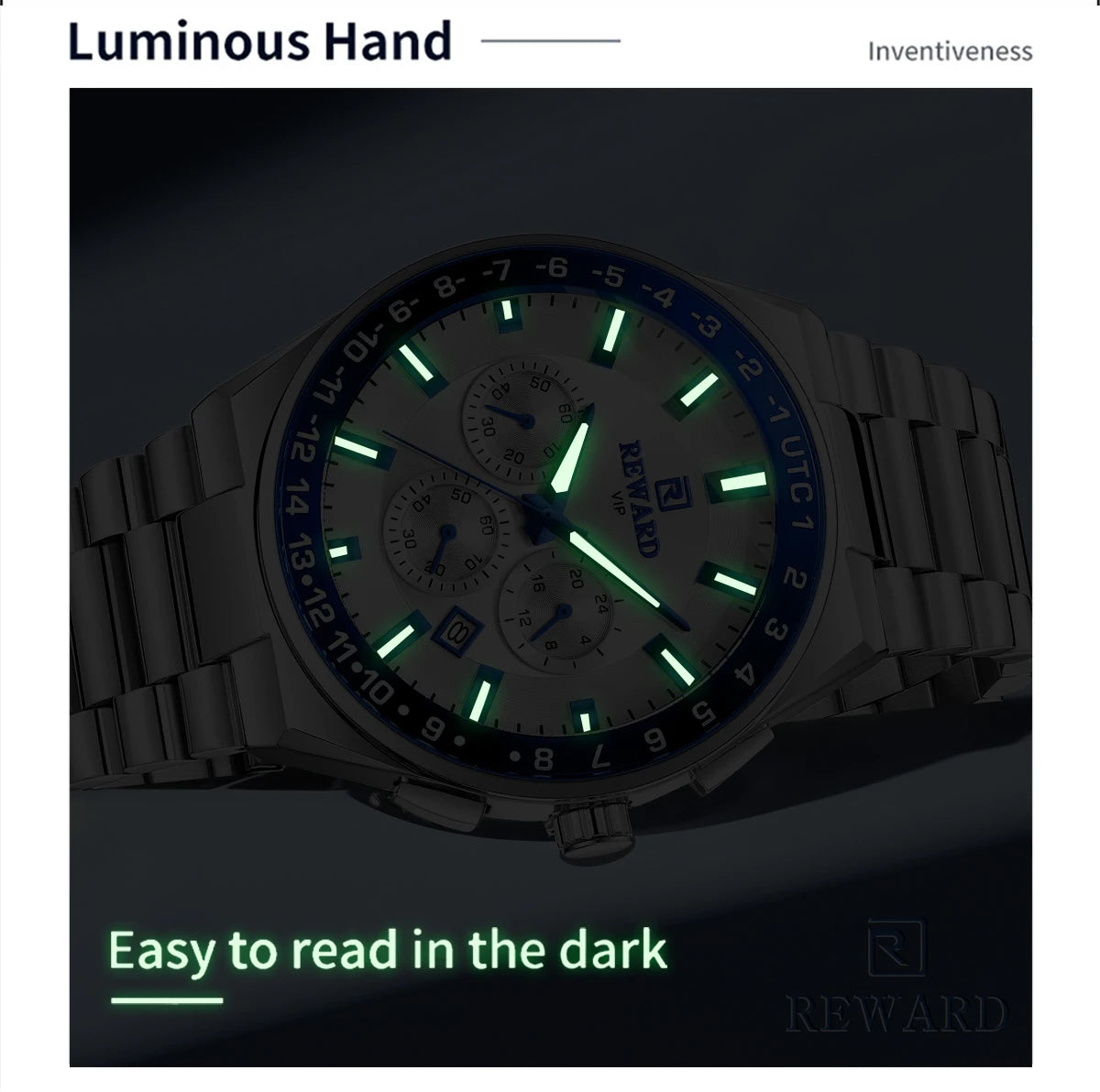 2026 REWARD Silvery White Quartz Watches for Men Luminous Hands Business Watches Stainlesss Steel Strap with Box